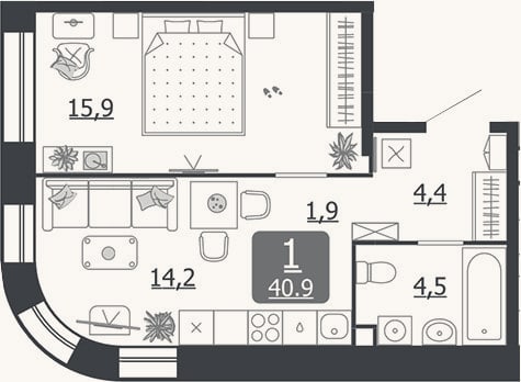 Планировка: 1-к, 40,9 м²
