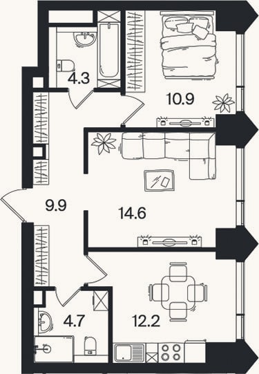 Планировка: 2-к, 56,6 м²