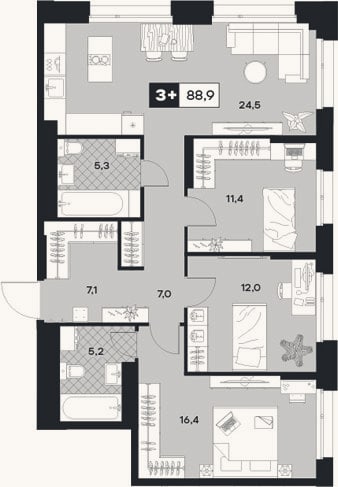 Планировка: 3-к, 92,6 м²