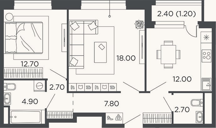 Планировка: 2-к, 60,8 м²