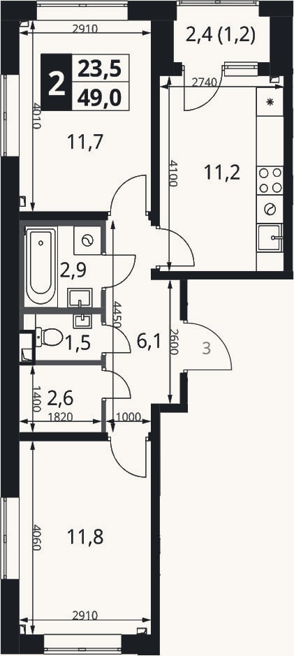 Планировка: 2-к, 47,8 м²