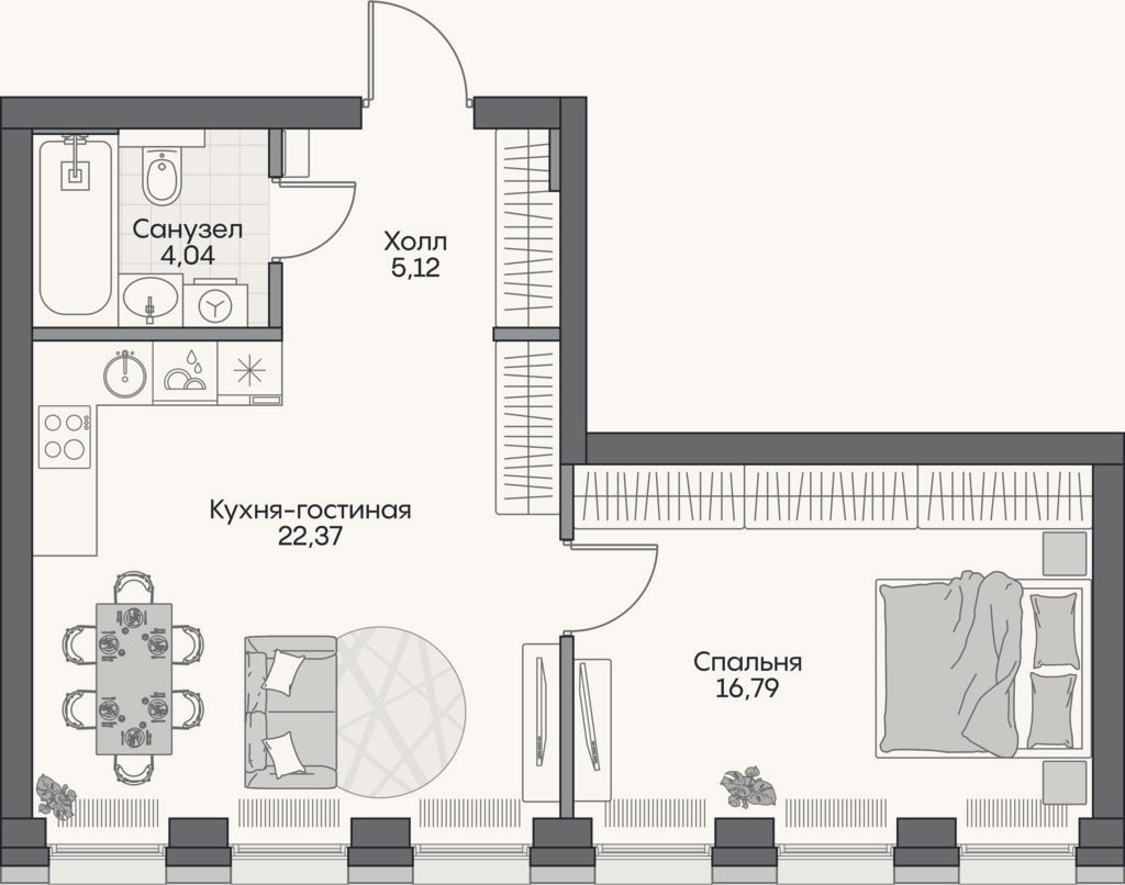 Планировка: 2-к, 46,9 м²