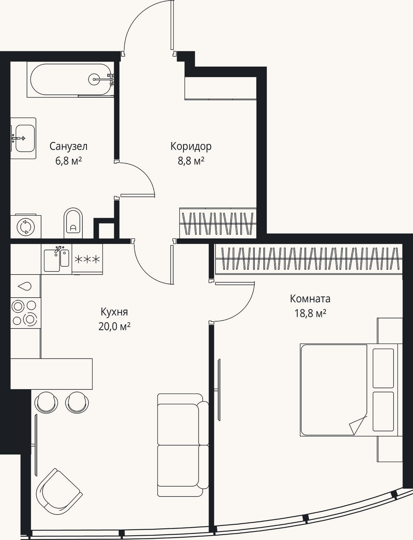 Планировка: 2-к, 54,4 м²