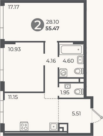 Планировка: 2-к, 55,5 м²