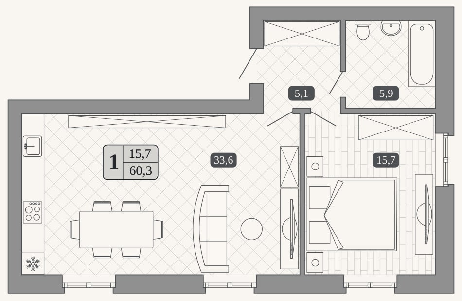 Планировка: 2-к, 60,3 м²