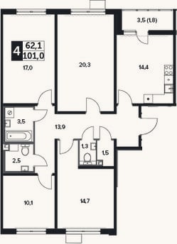 Планировка: 4+ к, 99,2 м²