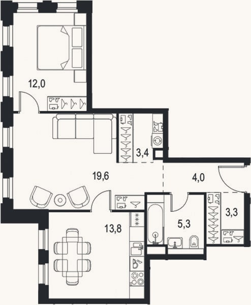 Планировка: 2-к, 61,4 м²