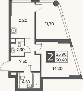 Планировка: 2-к, 50,4 м²