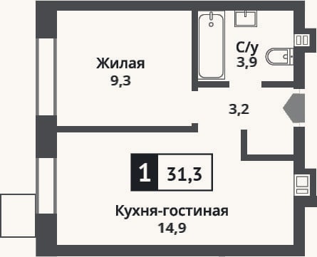 Планировка: 2-к, 31,3 м²
