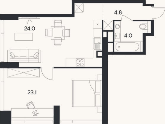 Планировка: 2-к, 55,9 м²