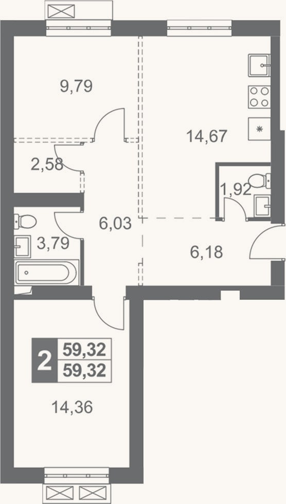 Планировка: 2-к, 59,3 м²