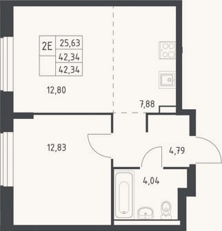Планировка: 2-к, 42,3 м²