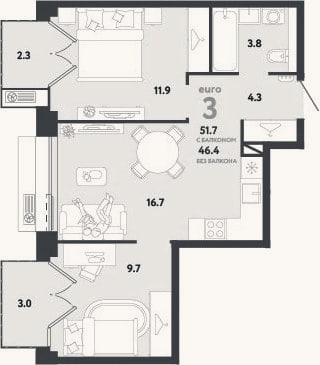 Планировка: 3-к, 46,4 м²
