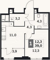 Планировка: 1-к, 35,1 м²