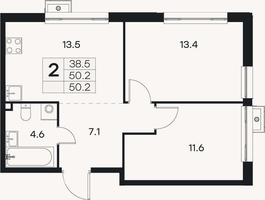 Планировка: 2-к, 50,2 м²