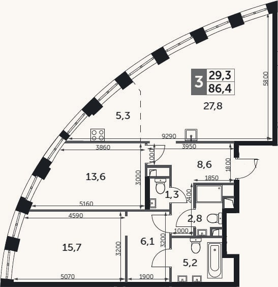 Планировка: 3-к, 86,4 м²