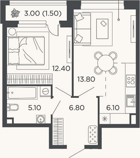 Планировка: 2-к, 44,2 м²