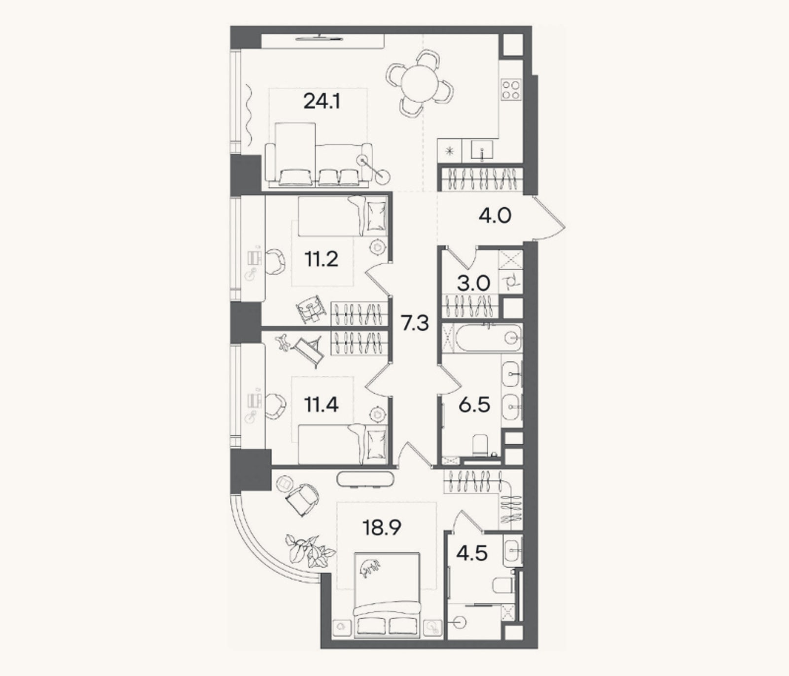 Планировка: 4+ к, 90,9 м²