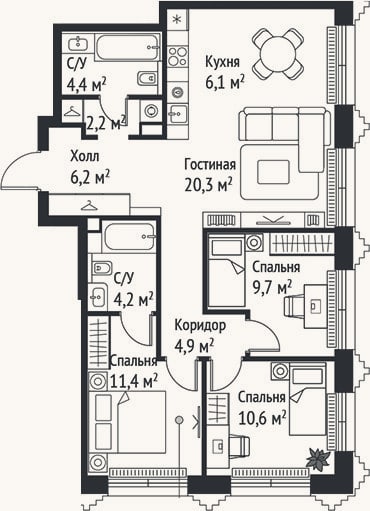 Планировка: 4+ к, 80 м²
