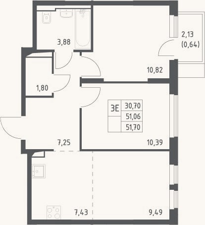 Планировка: 3-к, 51,1 м²