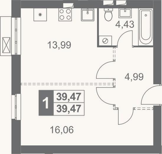 Планировка: 1-к, 39,5 м²