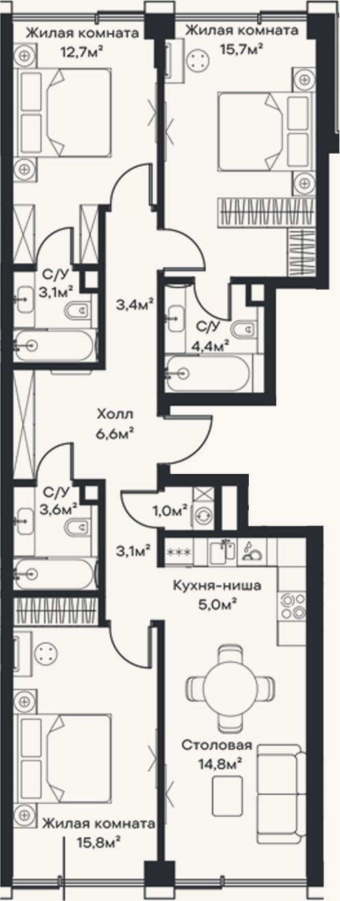 Планировка: 4+ к, 89,2 м²