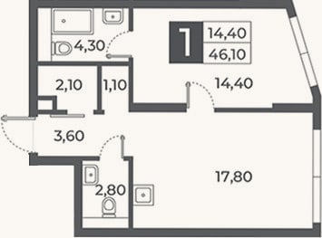 Планировка: 1-к, 46,1 м²