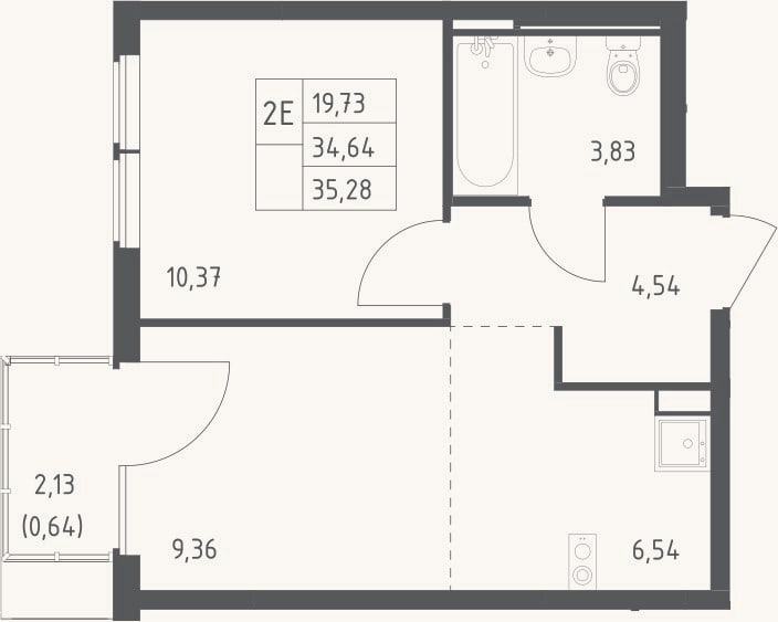 Планировка: 2-к, 34,6 м²