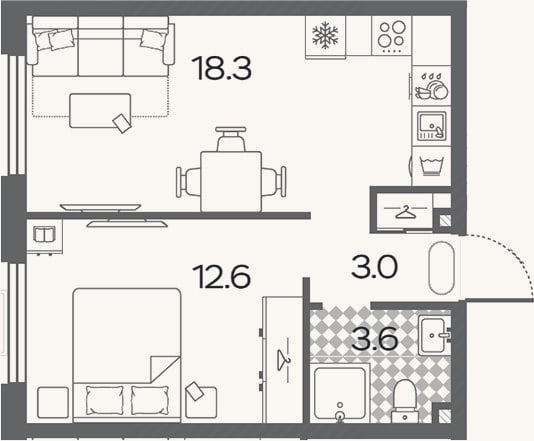 Планировка: 2-к, 37,5 м²