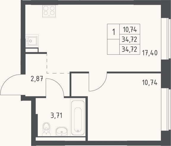 Планировка: 2-к, 34,7 м²