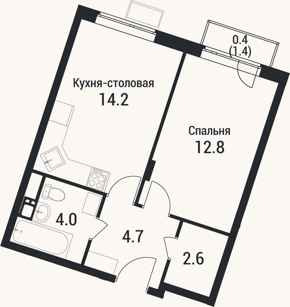 Планировка: 1-к, 38,3 м²