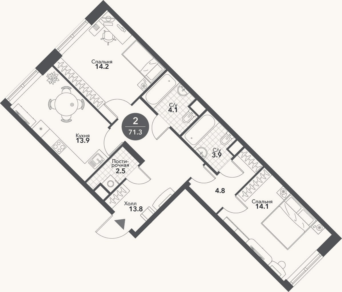 Планировка: 2-к, 71,3 м²