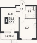 Планировка: 1-к, 31,1 м²