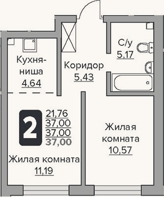 Планировка: 2-к, 37 м²