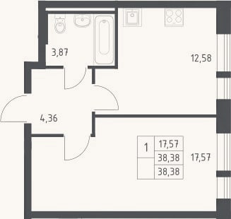 Планировка: 1-к, 38,4 м²