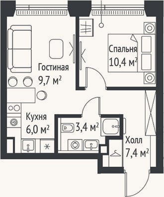 Планировка: 2-к, 36,9 м²