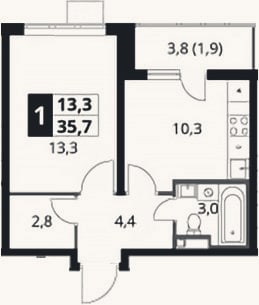 Планировка: 1-к, 33,8 м²