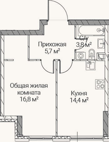 Планировка: 1-к, 40,7 м²