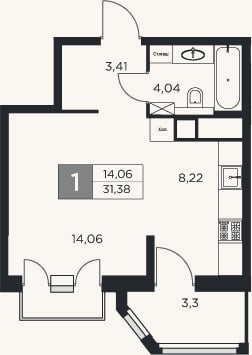 Планировка: 1-к, 29,7 м²