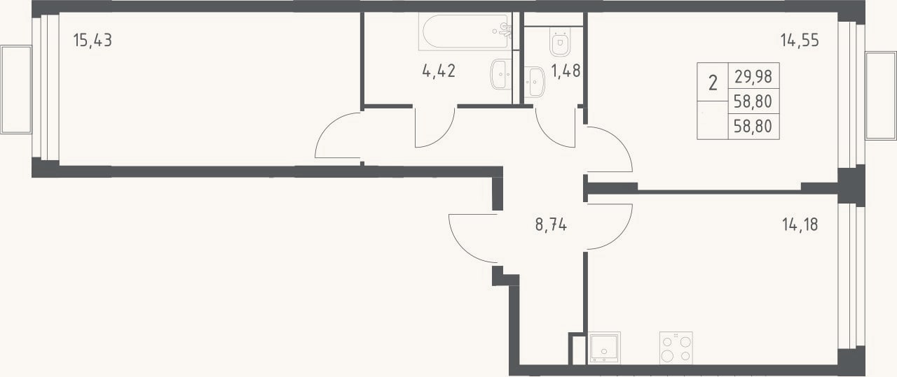 Планировка: 2-к, 58,8 м²