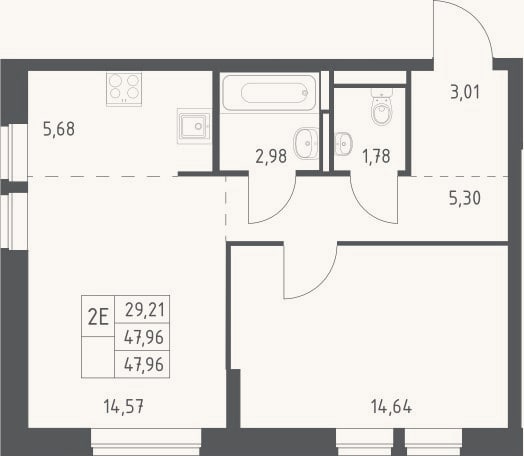 Планировка: 2-к, 48 м²
