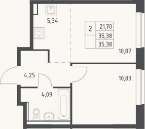 Планировка: 2-к, 35,4 м²