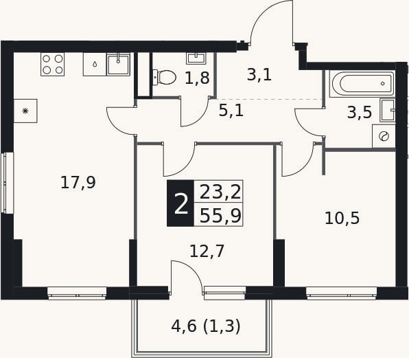 Планировка: 2-к, 54,6 м²