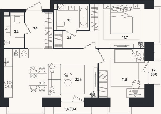 Планировка: 3-к, 63,5 м²