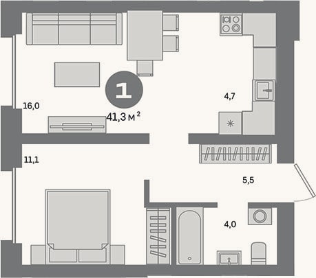 Планировка: 1-к, 41,3 м²