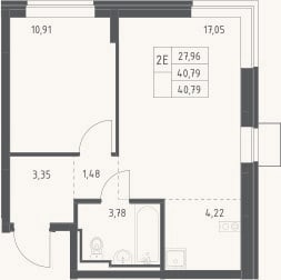 Планировка: 2-к, 40,8 м²