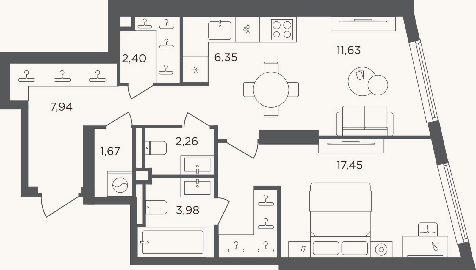 Планировка: 2-к, 53,7 м²