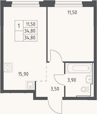 Планировка: 2-к, 34,8 м²