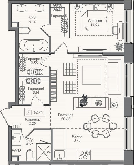 Планировка: 2-к, 62,7 м²