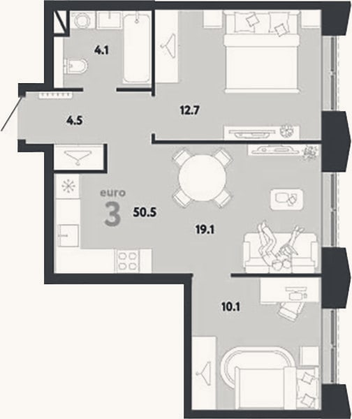 Планировка: 3-к, 50,5 м²